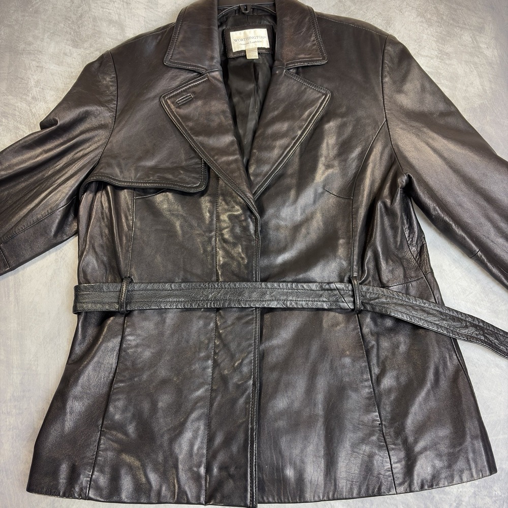 Worthington Black Leather Belted Trench Jacket - Picture 5 of 8